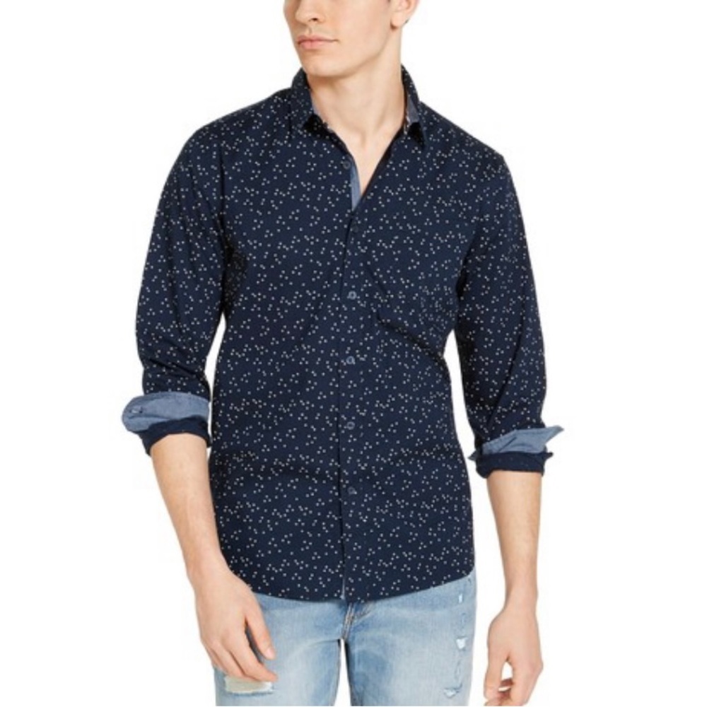 SUN + Stone Mens Navy Blue Crossroads Print Long Sleeve Button Front Shirt